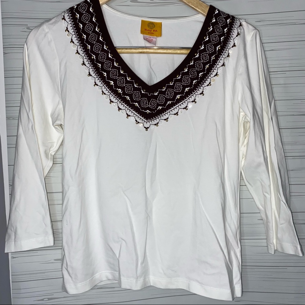 Ruby Rd S Small Top 3/4 Sleeve Blouse V-neck Shirt White Boho Sequins